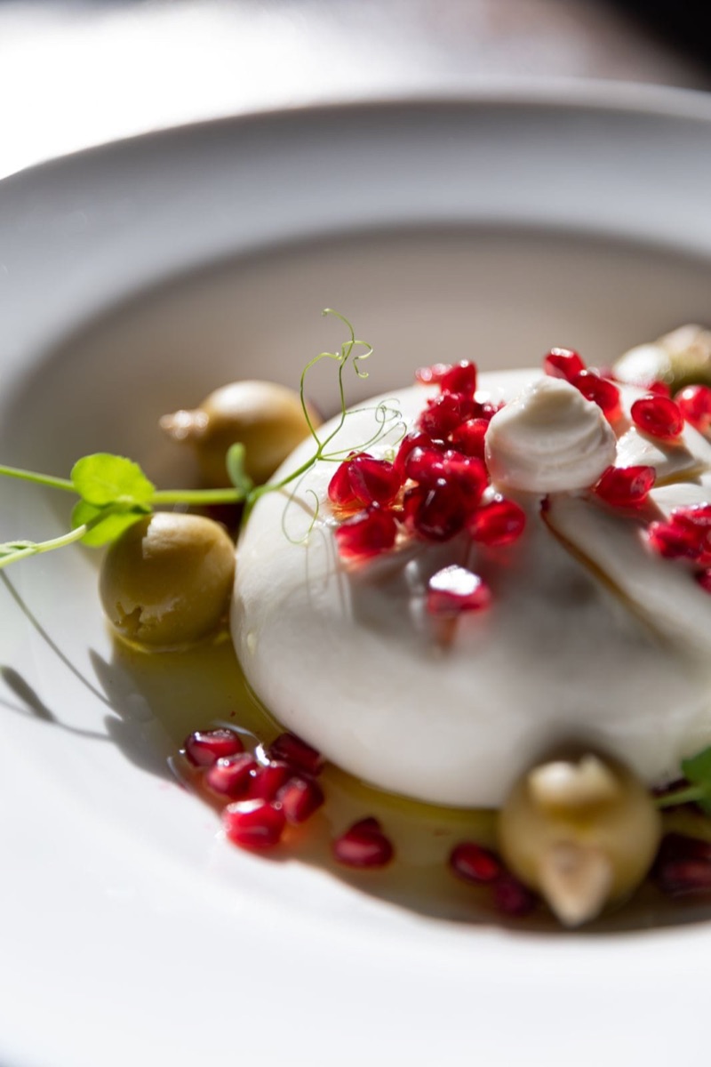 Burrata sa narom i maslinama na svetloj pozadini